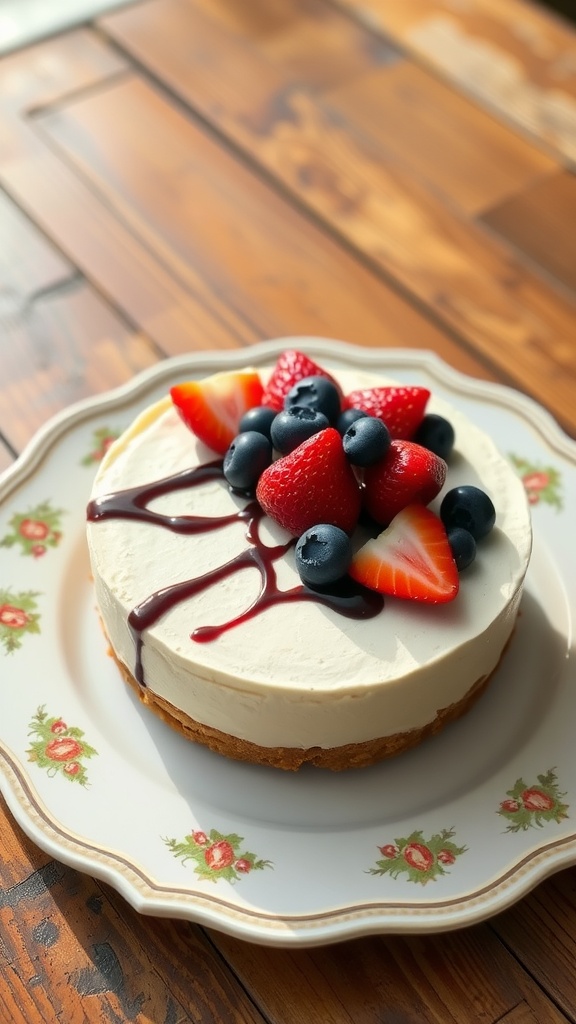 A no-bake cheesecake topped with fresh berries and chocolate sauce, on a rustic table.